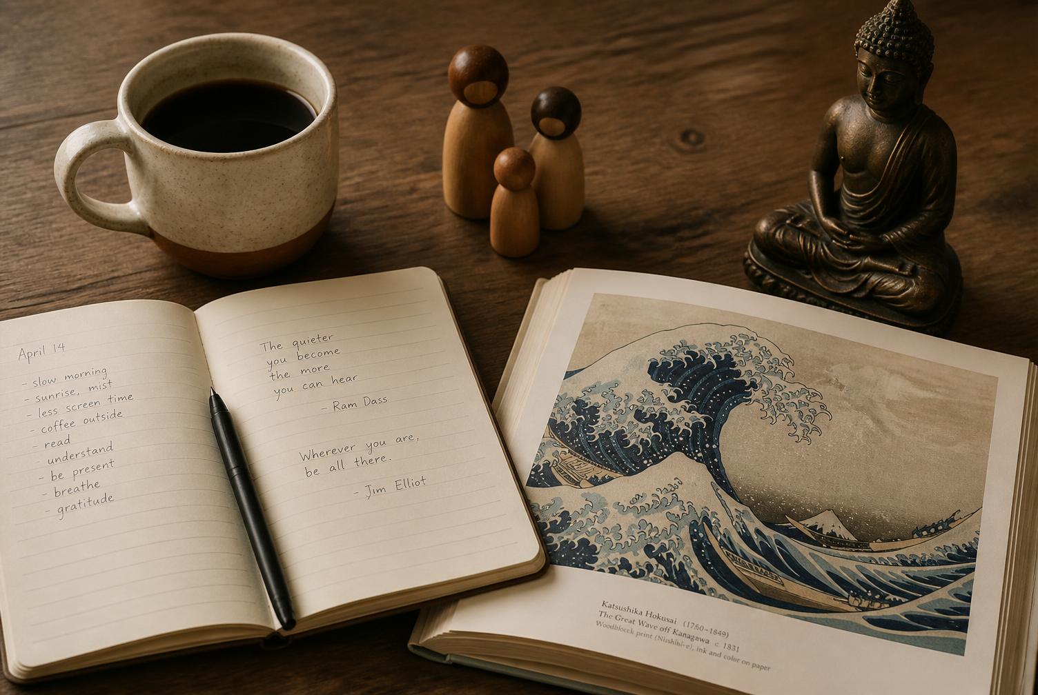 Editorial still life on a dark wooden table: a speckled mug of black coffee, an open journal with handwritten notes and a pen, an open art book showing Hokusai's Great Wave, wooden peg dolls, and a small bronze Buddha.