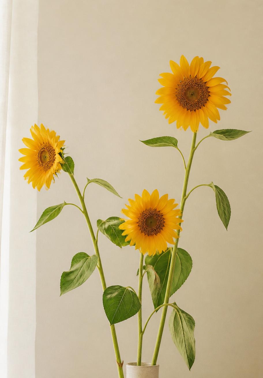 Three fresh sunflowers on long green stems standing against a warm ivory wall in soft daylight.