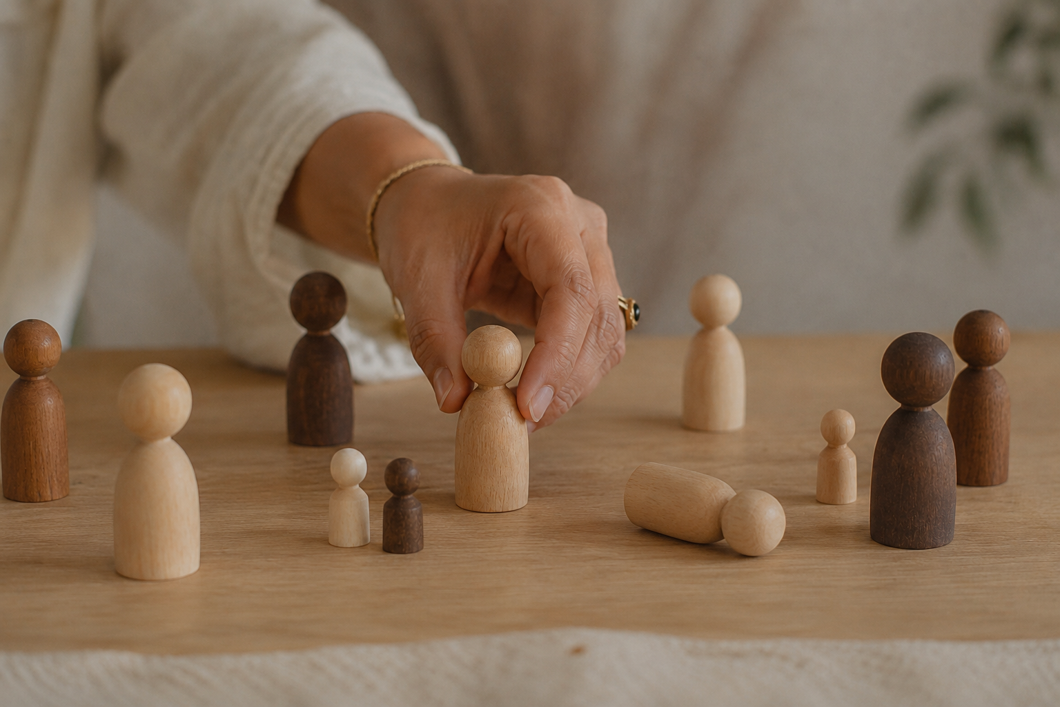 A hand gently lifting a small wooden peg figure on a wooden table, surrounded by other light and dark wooden figures, with one figure lying on its side.