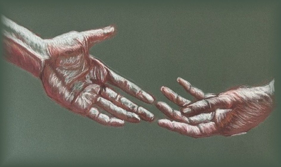 Soft pastel drawing on sage green paper of two hands reaching toward each other, rendered in warm terracotta chalk strokes.